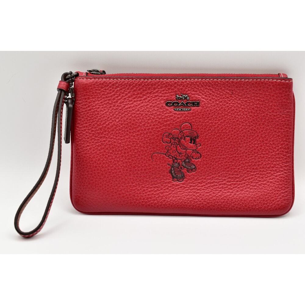 Coach Red Pebbled Leather Wristlet with Mickey Graphic